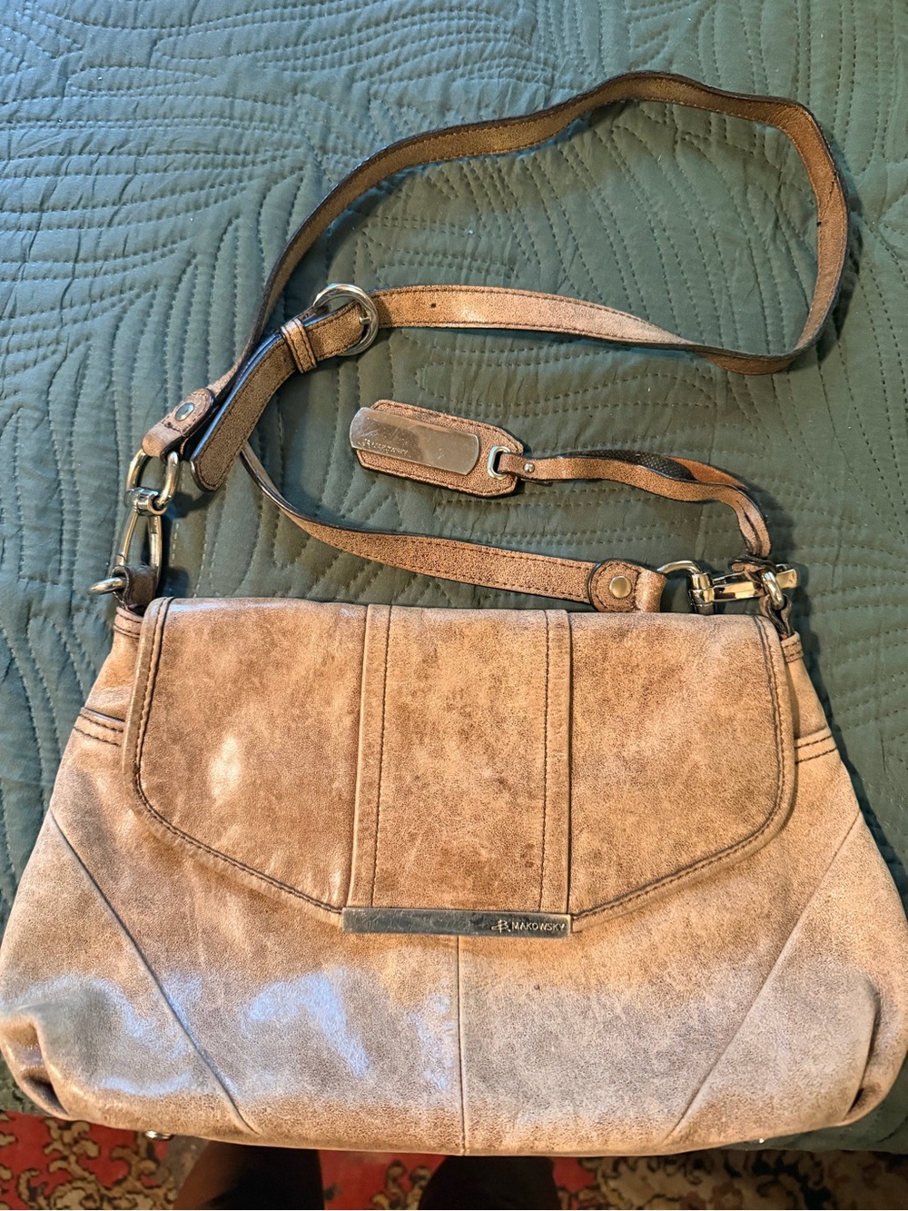 b. makowsky Distressed Taupe Shoulder Bag with Adjustable Strap